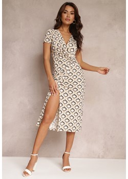 Jasnobeżowa Kopertowa Sukienka w Geometryczny Wzór Cosma ze sklepu Renee odzież w kategorii Sukienki - zdjęcie 159087835