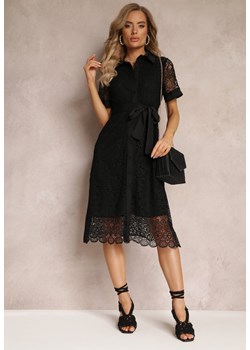 Czarna Koronkowa Sukienka Koszulowa z Krótkim Rękawem i Wiązanym Paskiem Noralia ze sklepu Renee odzież w kategorii Sukienki - zdjęcie 159096487