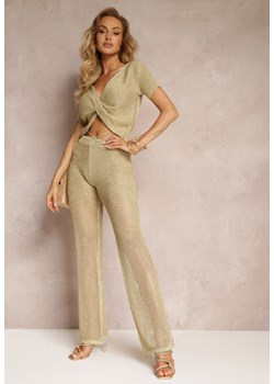 Złote Szerokie Spodnie z Ażurowej Tkaniny z Błyszczącą Nitką Muiel ze sklepu Renee odzież w kategorii Spodnie damskie - zdjęcie 159096507