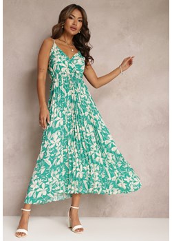 Zielona Kwiecista Sukienka Maxi z Plisowanym Dołem i Gumką w Talii Xinne ze sklepu Renee odzież w kategorii Sukienki - zdjęcie 159096707