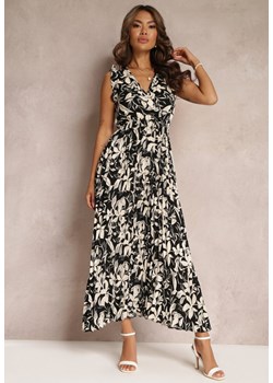 Czarna Plisowana Sukienka z Gumką w Pasie i Kopertowym Dekoltem Junipia ze sklepu Renee odzież w kategorii Sukienki - zdjęcie 159096727