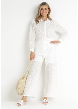 Biały Ażurowy Komplet 2-częściowy z Koszulą i Spodniami Amolani ze sklepu Born2be Odzież w kategorii Komplety i garnitury damskie - zdjęcie 159096995