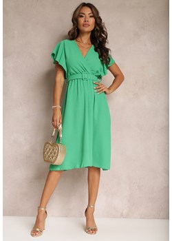 Zielona Rozkloszowana Sukienka z Paskiem i Kopertowym Dekoltem Brinea ze sklepu Renee odzież w kategorii Sukienki - zdjęcie 159100886