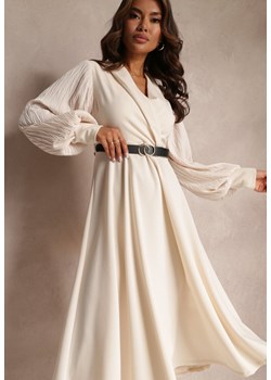 Jasnobeżowa Rozkloszowana Sukienka z Paskiem i Długim Rękawem Malaiyah ze sklepu Renee odzież w kategorii Sukienki - zdjęcie 159124916