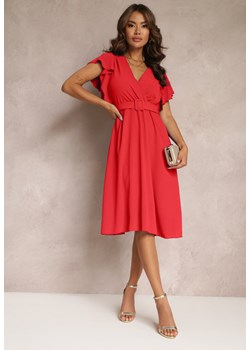 Czerwona Rozkloszowana Sukienka z Paskiem i Kopertowym Dekoltem Brinea ze sklepu Renee odzież w kategorii Sukienki - zdjęcie 159124998