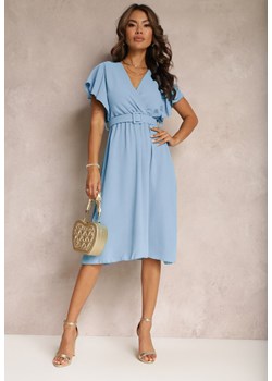 Niebieska Rozkloszowana Sukienka z Paskiem i Kopertowym Dekoltem Brinea ze sklepu Renee odzież w kategorii Sukienki - zdjęcie 159131419