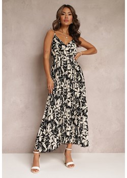 Czarna Kwiecista Sukienka Maxi z Plisowanym Dołem i Gumką w Talii Xinne ze sklepu Renee odzież w kategorii Sukienki - zdjęcie 159131428