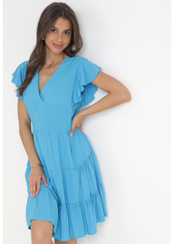 Niebieska Gładka Sukienka Mini Taliowana z Falbankami Wokół Ramion Zynnas ze sklepu Born2be Odzież w kategorii Sukienki - zdjęcie 159133037
