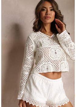 Biała Krótka Bluzka z Ażurowej Bawełny z Długimi Rękawami Hrisa ze sklepu Renee odzież w kategorii Bluzki damskie - zdjęcie 159153295