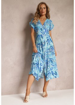 Niebieska Sukienka Midi z Głębokim Dekoltem i Rozkloszowanym Dołem z Wiskozy Ivelise ze sklepu Renee odzież w kategorii Sukienki - zdjęcie 159161067
