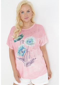 Różowy Bawełniany T-shirt z Błyszczącym Nadrukiem Aseda ze sklepu Born2be Odzież w kategorii Bluzki damskie - zdjęcie 159164656
