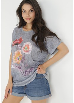 Szary Bawełniany T-shirt z Błyszczącym Nadrukiem Aseda ze sklepu Born2be Odzież w kategorii Bluzki damskie - zdjęcie 159164686