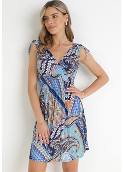 Niebieska Wzorzysta Sukienka Mini z Gumkami w Pasie i Kopertowym Dekoltem Forro ze sklepu Born2be Odzież w kategorii Sukienki - zdjęcie 159164946