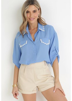 Niebieska Koszula z Podpinanymi Rękawami i Perełkami Dorval ze sklepu Born2be Odzież w kategorii Koszule damskie - zdjęcie 159165066