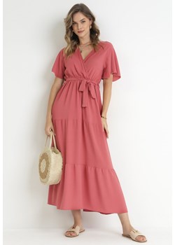 Ciemnoróżowa Sukienka Maxi z Gumką w Talii i Materiałowym Paskiem Kiriane ze sklepu Born2be Odzież w kategorii Sukienki - zdjęcie 159178489