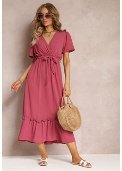 Ciemnoróżowa Rozkloszowana Sukienka Maxi z Gumką i Materiałowym Paskiem w Talii Billite ze sklepu Renee odzież w kategorii Sukienki - zdjęcie 159180239