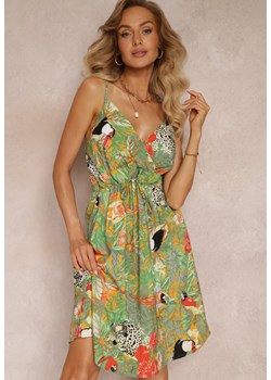 Jasnozielona Rozkloszowana Sukienka Mini z Marszczoną Elastyczną Talią Jaxie ze sklepu Renee odzież w kategorii Sukienki - zdjęcie 159180369