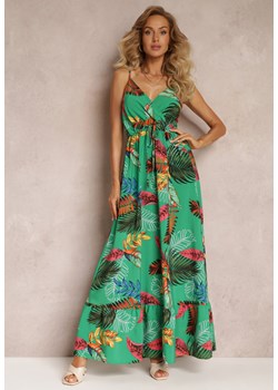 Zielona Długa Sukienka Rozkloszowana z Gumką w Talii w Kolorowe Liście Dopine ze sklepu Renee odzież w kategorii Sukienki - zdjęcie 159180379