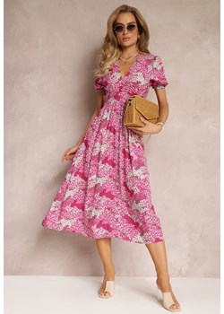Fuksjowa Wiskozowa Sukienka Midi z Krótkimi Rękawami i Głębokim Dekoltem Emsle ze sklepu Renee odzież w kategorii Sukienki - zdjęcie 159194549