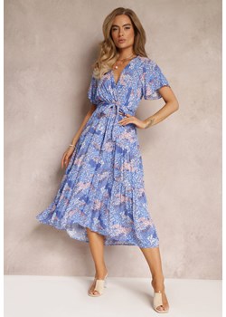 Niebieska Wiskozowa Sukienka Midi z Gumką w Talii i Kopertowym Dekoltem Haivy ze sklepu Renee odzież w kategorii Sukienki - zdjęcie 159194569