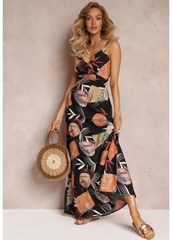 Czarna Długa Sukienka w Kolorowe Liście na Cienkich Ramiączkach  Taytum ze sklepu Renee odzież w kategorii Sukienki - zdjęcie 159194628