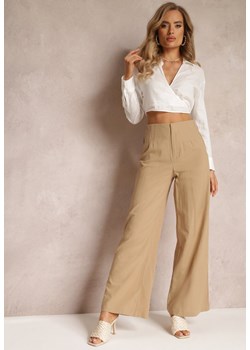 Beżowe Szerokie Spodnie z Wysokim Stanem z Bawełny Henve ze sklepu Renee odzież w kategorii Spodnie damskie - zdjęcie 159194658