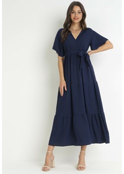 Granatowa Sukienka Maxi z Gumką w Talii i Materiałowym Paskiem Kiriane ze sklepu Born2be Odzież w kategorii Sukienki - zdjęcie 159194879