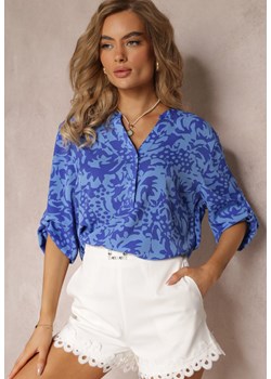 Granatowa Koszulowa Bluzka z Trójkątnym Dekoltem na Guziki Minka ze sklepu Renee odzież w kategorii Bluzki damskie - zdjęcie 159199707