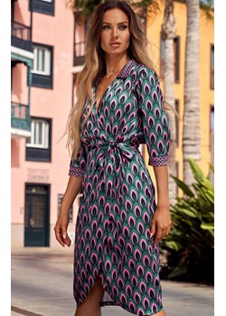 Sukienka z nadrukiem na zakładkę z paskiem M668/1, Kolor zielono-różowy, Rozmiar L, MOE ze sklepu Primodo w kategorii Sukienki - zdjęcie 159204276