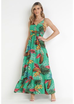Zielona Sukienka Maxi w Roślinny Wzór z Gumką w Pasie Karsina ze sklepu Born2be Odzież w kategorii Sukienki - zdjęcie 159218625