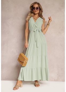 Zielona Kopertowa Sukienka Maxi z Gumką w Talii i Materiałowym Paskiem Leansa ze sklepu Renee odzież w kategorii Sukienki - zdjęcie 159226266