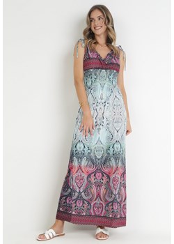 Bordowo-Niebieska Rozkloszowana Sukienka Maxi z Cienkimi Gumkami w Pasie i Kopertowym Dekoltem Clothilda ze sklepu Born2be Odzież w kategorii Sukienki - zdjęcie 159226436