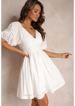 Biała Sukienka Mini z Bufiastymi Rękawami z Lnu i Bawełny Lynla ze sklepu Renee odzież w kategorii Sukienki - zdjęcie 159227676