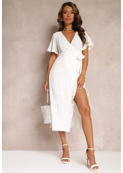 Biała Sukienka Midi z Kopertowym Dekoltem i Krótkimi Rękawami Talya ze sklepu Renee odzież w kategorii Sukienki - zdjęcie 159227726