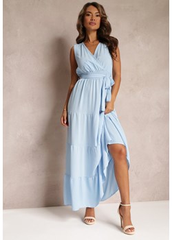 Niebieska Kopertowa Sukienka Maxi z Gumką w Talii i Materiałowym Paskiem Leansa ze sklepu Renee odzież w kategorii Sukienki - zdjęcie 159227796