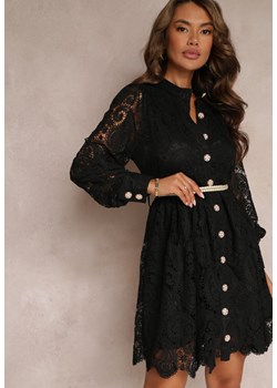 Czarna Koszulowa Sukienka Koronkowa z Paskiem Elvila ze sklepu Renee odzież w kategorii Sukienki - zdjęcie 159242106