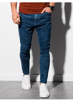 Męskie spodnie jeansowe marmurkowe z surowo wykończoną nogawką SLIM FIT - ciemnoniebieskie V4 OM-PADP-0146 ze sklepu ombre w kategorii Jeansy męskie - zdjęcie 159246517