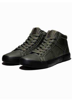 Buty męskie sneakersy za kostkę z kontrastową podeszwą - ciemnooliwkowe V7 OM-FOTH-0124 ze sklepu ombre w kategorii Trampki męskie - zdjęcie 159248856