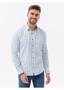 Bawełniana koszula męska w kratę REGULAR FIT - biało-niebieska V2 K637 ze sklepu ombre w kategorii Koszule męskie - zdjęcie 159249159