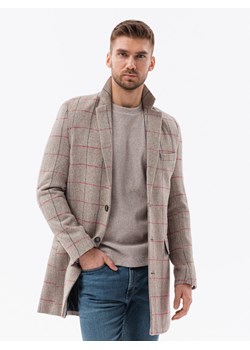 Jednorzędowy płaszcz męski w kratę - beżowy V1 C500 ze sklepu ombre w kategorii Płaszcze męskie - zdjęcie 159250626