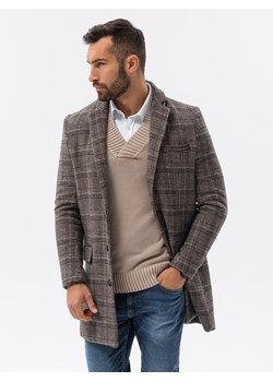 Jednorzędowy płaszcz męski w kratę -  brązowy V1 C499 ze sklepu ombre w kategorii Płaszcze męskie - zdjęcie 159252446