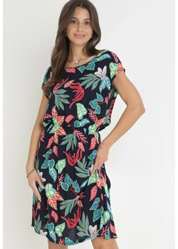 Granatowa Wiskozowa Sukienka Midi z Gumką w Pasie z Motywem Roślinnym Mireli ze sklepu Born2be Odzież w kategorii Sukienki - zdjęcie 159254396