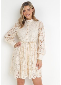 Jasnobeżowa Koronkowa Sukienka z Plecionym Paskiem Ilvila ze sklepu Born2be Odzież w kategorii Sukienki - zdjęcie 159316629