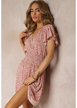 Różowa Letnia Sukienka z Gumką w Pasie i Kopertowym Dekoltem Cleomore ze sklepu Renee odzież w kategorii Sukienki - zdjęcie 159317319