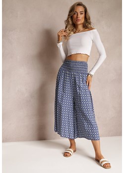 Granatowe Szerokie Spodnie High Waist Bawełniane z Gumką w Talii Yeena ze sklepu Renee odzież w kategorii Spodnie damskie - zdjęcie 159331727