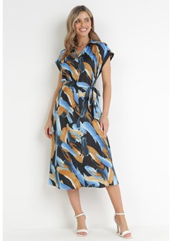 Czarno-Niebieska Koszulowa Sukienka Midi z Materiałowym Paskiem i Krótkimi Rękawami Brala ze sklepu Born2be Odzież w kategorii Sukienki - zdjęcie 160042899