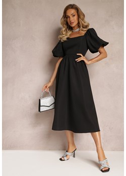 Czarna Midi Sukienka o Rozkloszowanym Fasonie z Kwadratowym Dekoltem i Bufiastymi Rękawami Briakke ze sklepu Renee odzież w kategorii Sukienki - zdjęcie 160045978