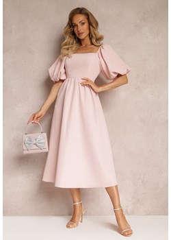 Różowa Midi Sukienka o Rozkloszowanym Fasonie z Kwadratowym Dekoltem i Bufiastymi Rękawami Briakke ze sklepu Renee odzież w kategorii Sukienki - zdjęcie 160045988