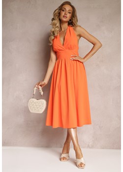 Pomarańczowa Rozkloszowana Sukienka Midi z Wiązaniem na Szyi Phinadi ze sklepu Renee odzież w kategorii Sukienki - zdjęcie 160046028