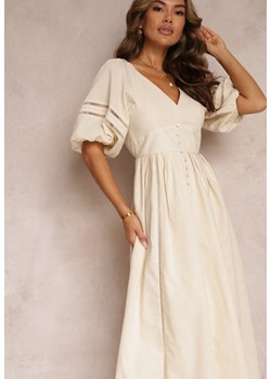 Beżowa Rozkloszowana Sukienka Maxi z Ażurowymi Wstawkami z Lnem i Bawełną Camya ze sklepu Renee odzież w kategorii Sukienki - zdjęcie 160050287